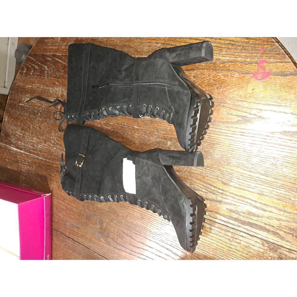 New 9.5E Extra Wide Shoe Dazzle Black Rangi Lace Up Chunky High Heel Boots - Picture 9 of 11